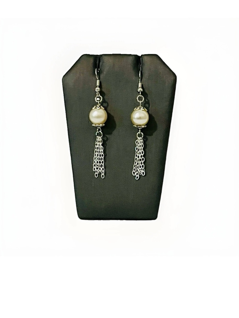 Silver Tone White Faux Pearl Chain Tassel Dangle Earrings Wire Hook Statement